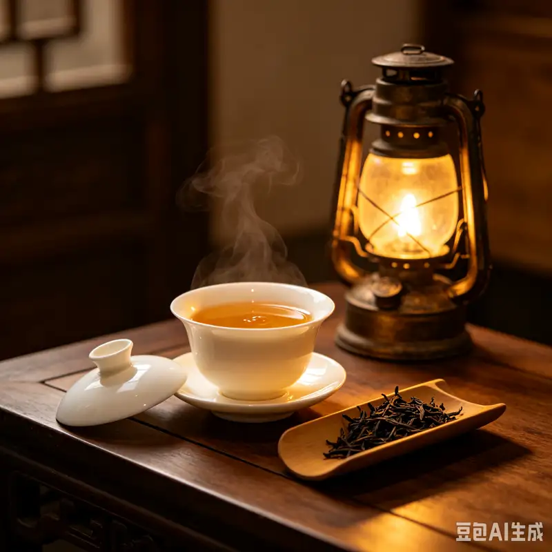 Best Dancong Tea for Beginners with Phoenix Oolong tea leaves, traditional gaiwan, and a vintage oil lamp