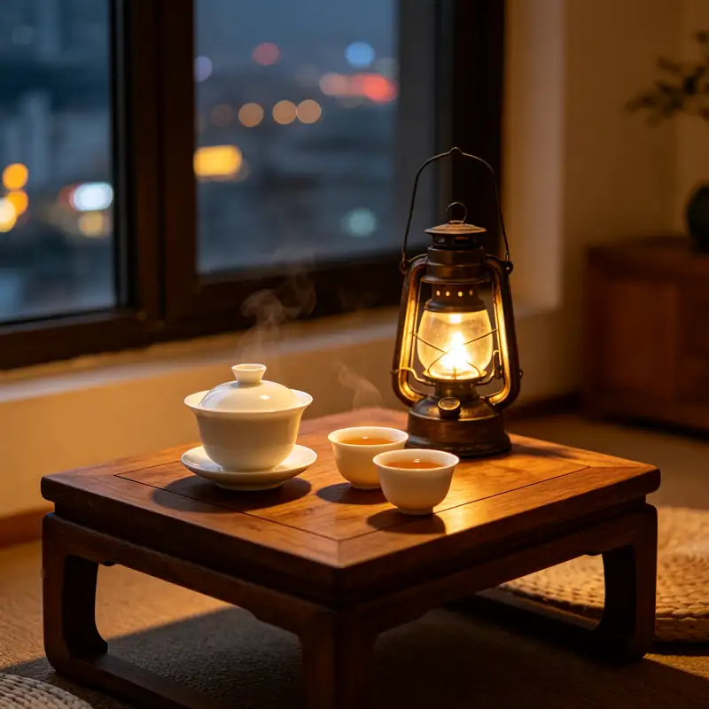 Evening tea ritual at home with Phoenix Dancong Tea, Gongfu teaware, and a traditional oil lamp