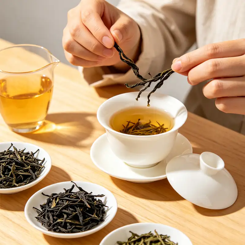 How to choose high-quality Phoenix Dancong Tea with dry leaves, brewed tea, and a porcelain gaiwan