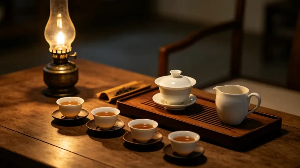 Evening Gongfu tea setup with Phoenix Dancong tea and traditional oil lamp
