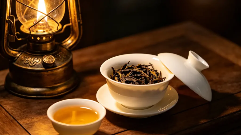 Traditional oil lamp beside a white porcelain gaiwan and Phoenix Dancong tea