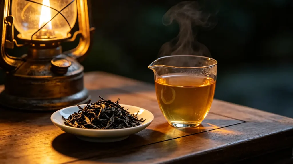 Phoenix Dancong tea leaves and golden tea illuminated by warm oil lamp light