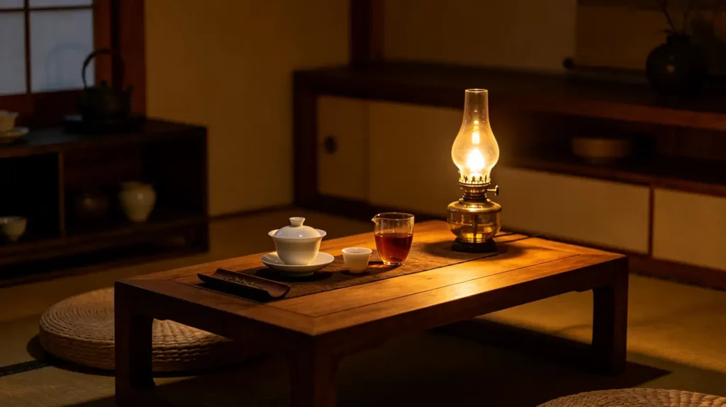 Warmly lit Chinese tea table with traditional oil lamp in a peaceful evening room