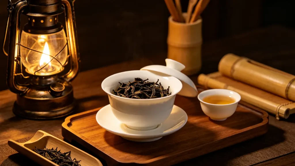 Traditional Chinese tea utensils and oil lamp arranged for an evening tea ritual