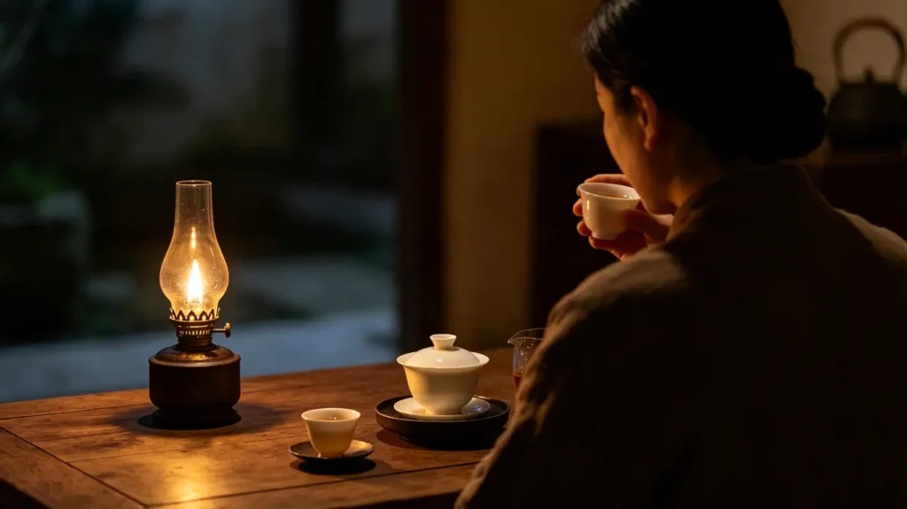 Tea lover enjoying Phoenix Dancong tea beside a traditional oil lamp