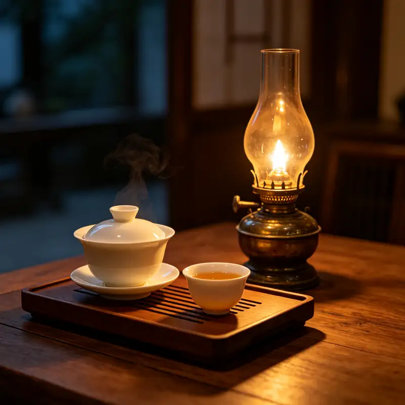 Phoenix Dancong tea and traditional oil lamp creating a relaxing evening tea ritual